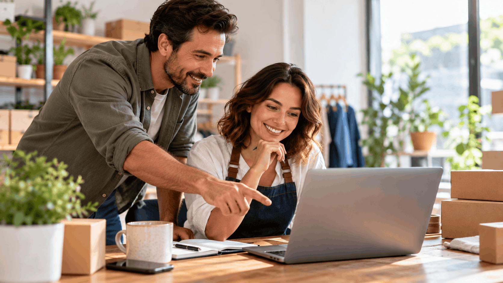 Two small business owners smiling while reviewing plans on laptop in shop