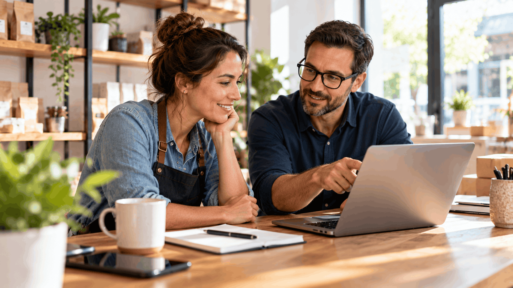 Two small business owners reviewing local growth strategies together on laptop in shop