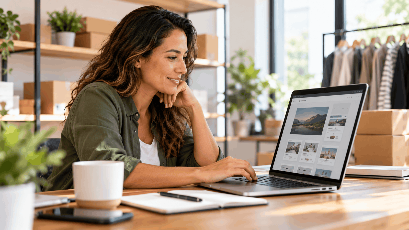 Smiling woman business owner browsing website builders on laptop in boutique shop