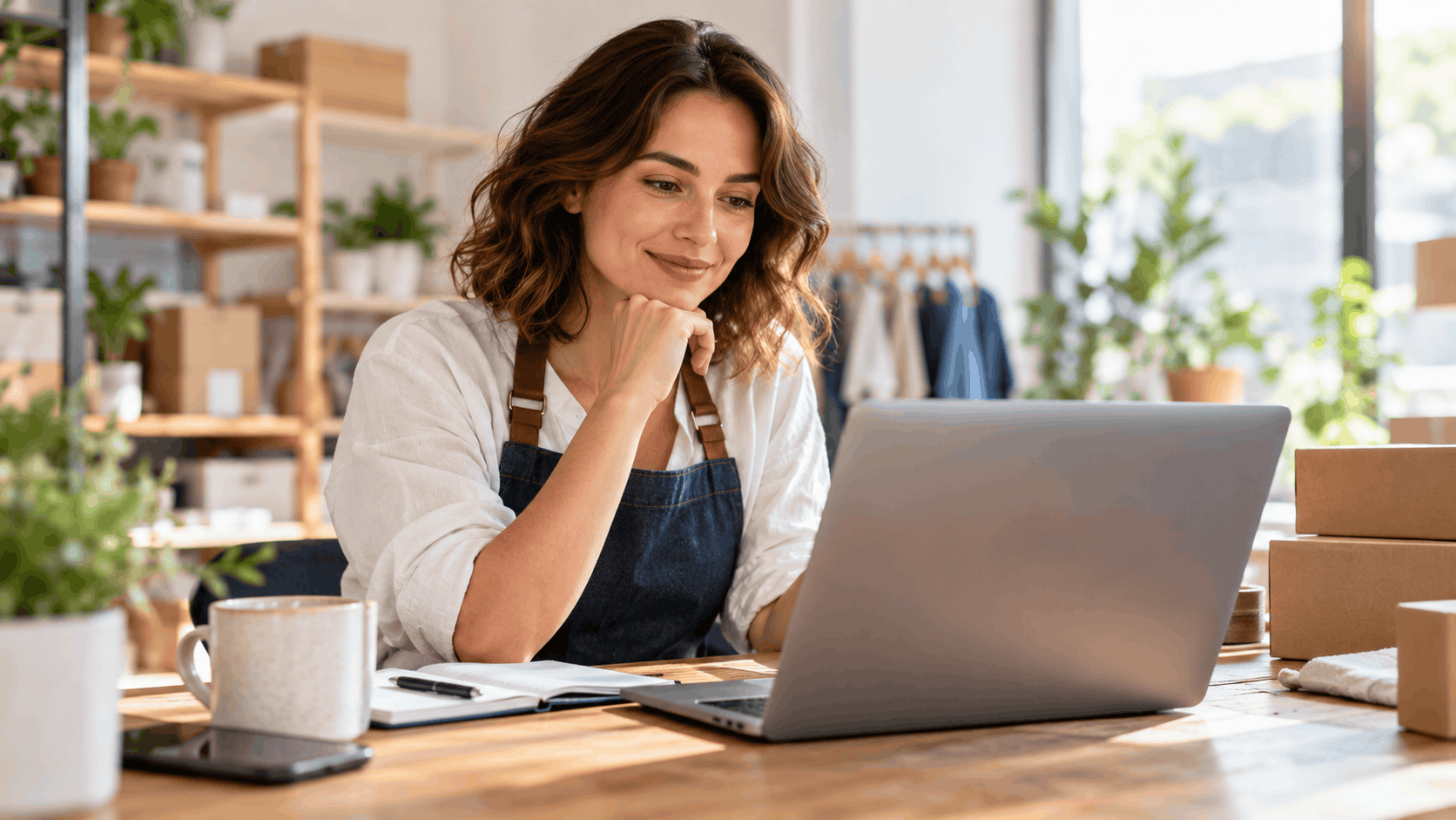 Smiling female small business owner working on laptop in boutique shop