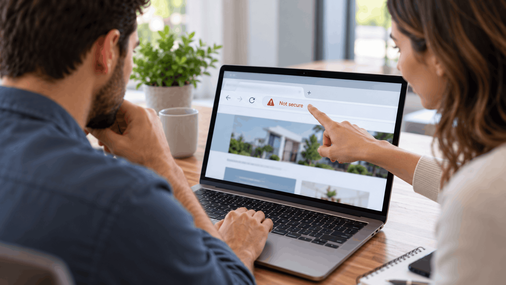 Couple pointing at Not Secure warning in laptop browser address bar