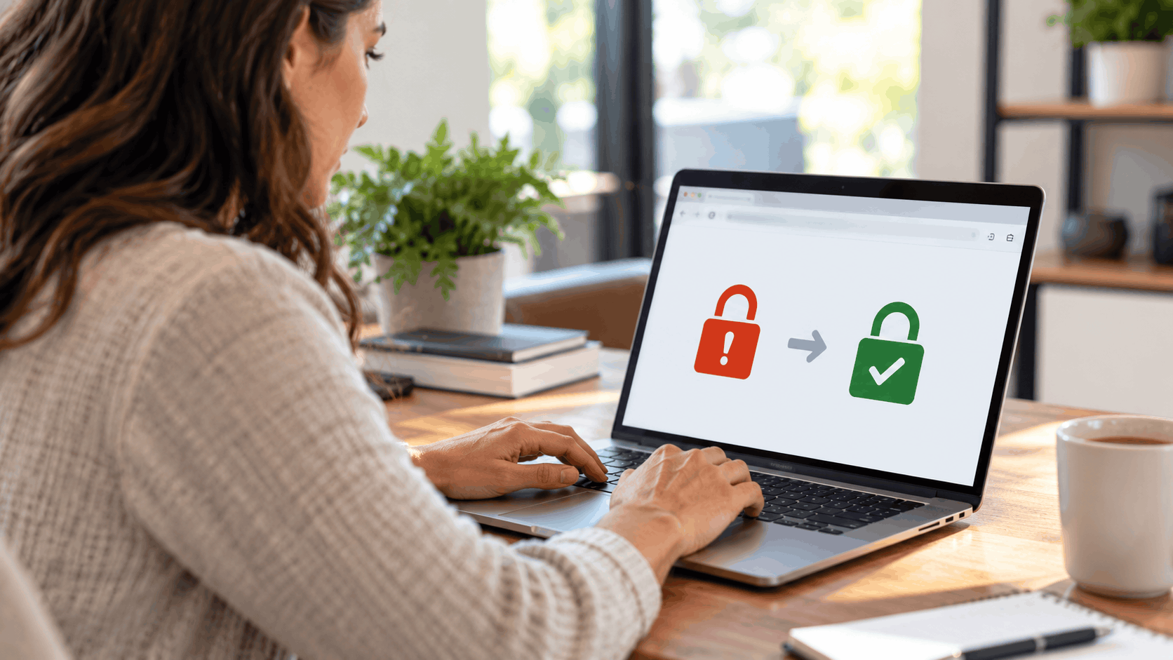 Woman using laptop displaying red warning lock converting to green secure lock icon