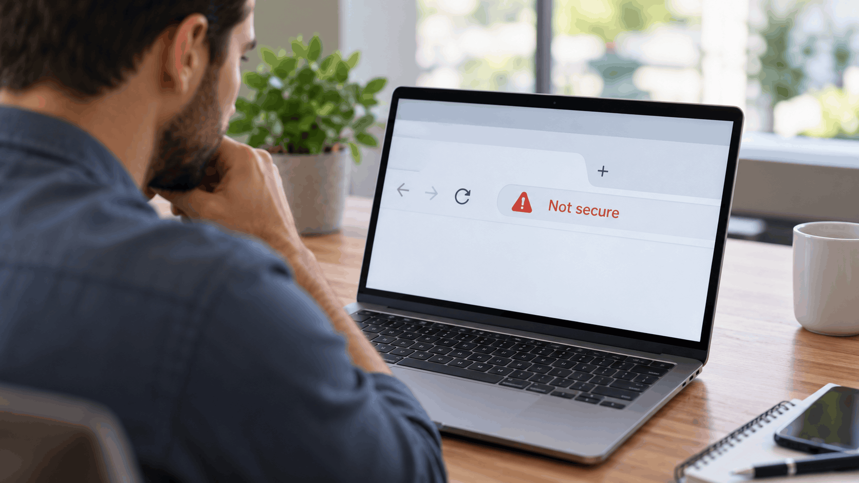 Man viewing Not Secure browser warning on laptop screen at wooden desk