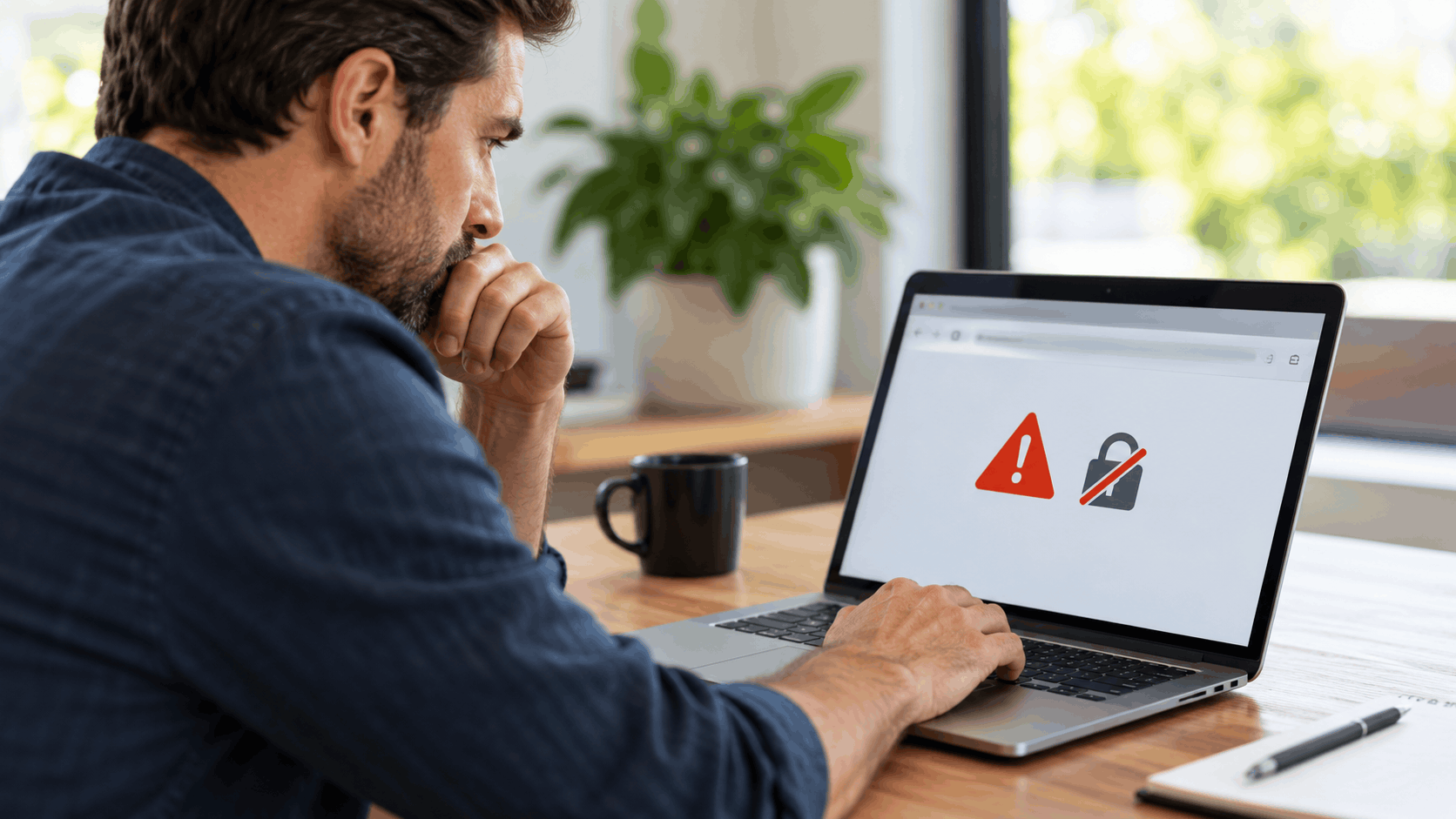 Concerned man at laptop viewing security warning and broken lock icons