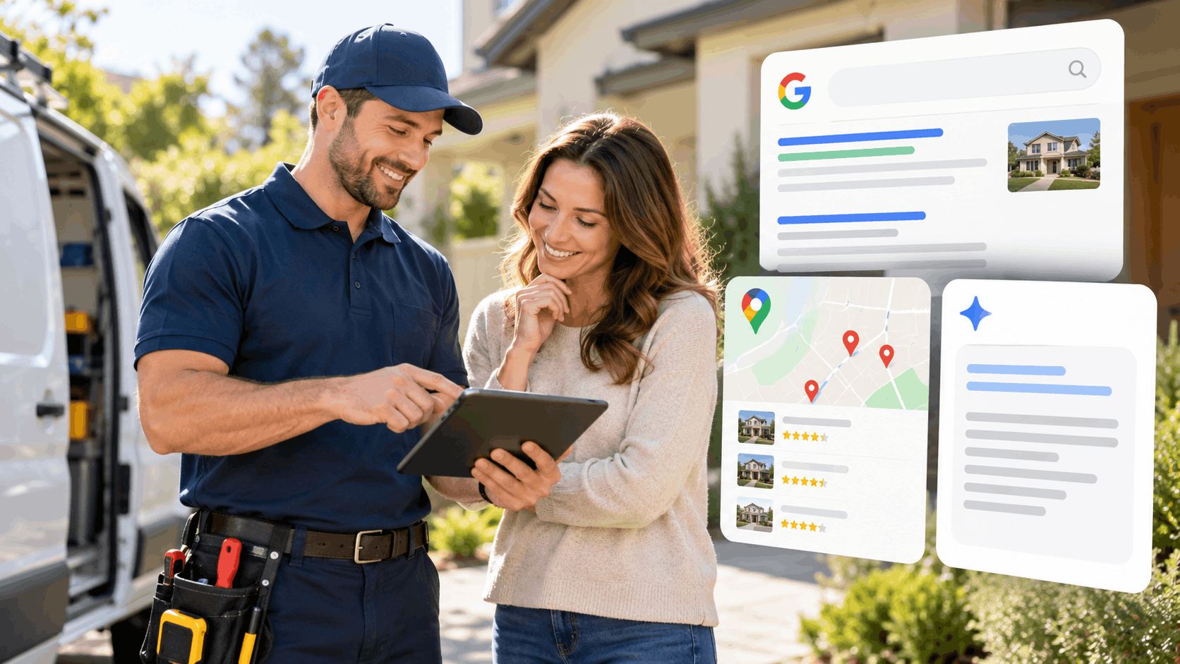 Home service technician and homeowner reviewing local Google search results on tablet