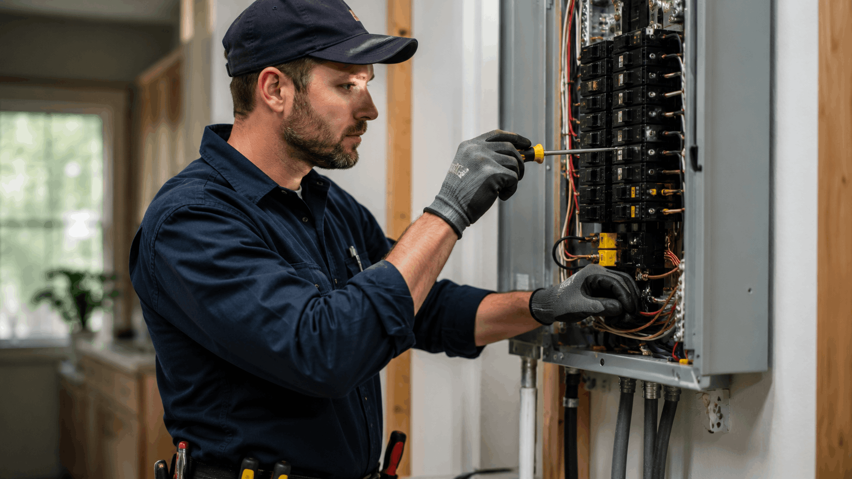Licensed electrician in navy uniform working on residential electrical panel with screwdriver