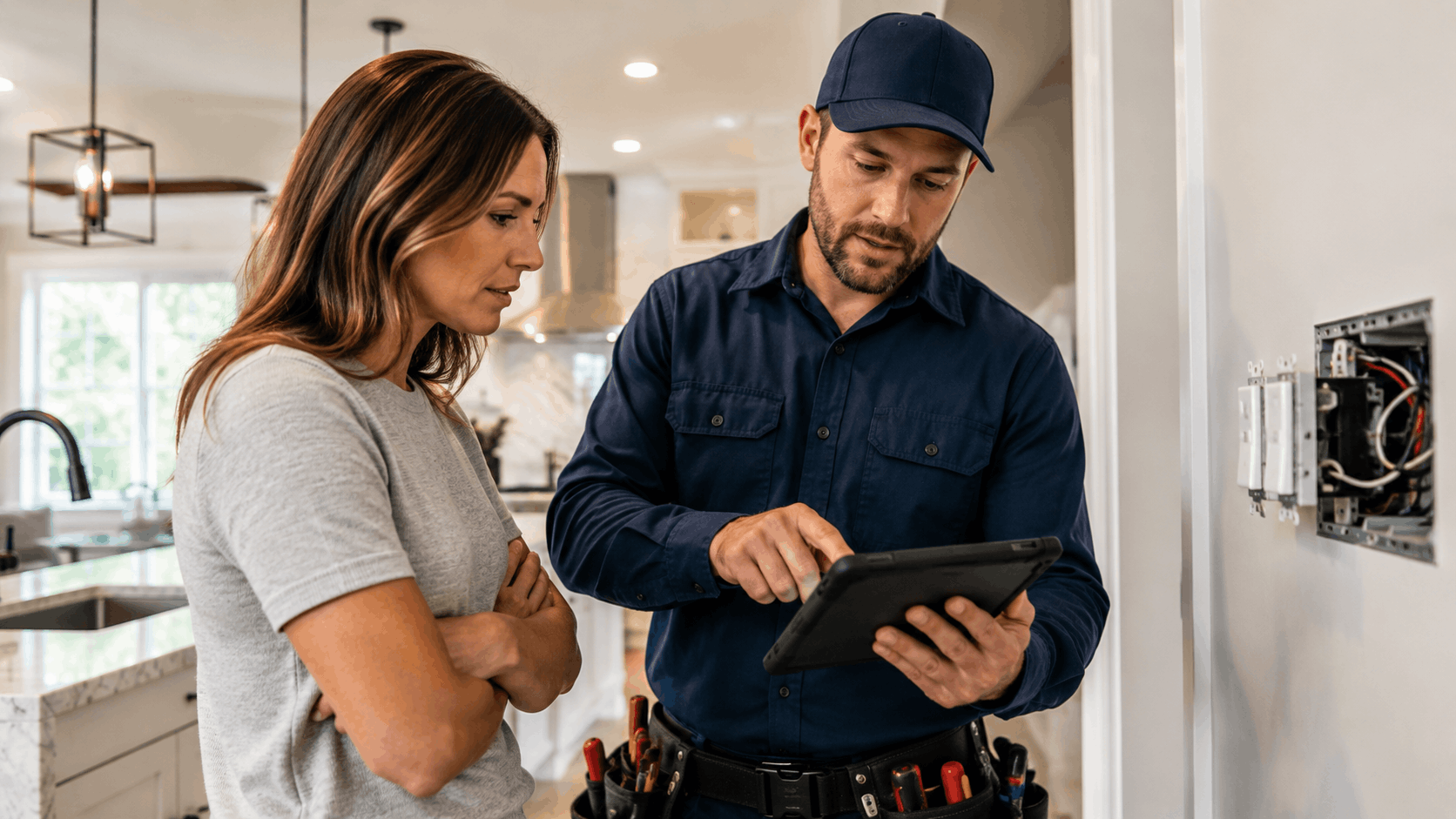 Electrician showing homeowner tablet while explaining local electrical repair service estimate