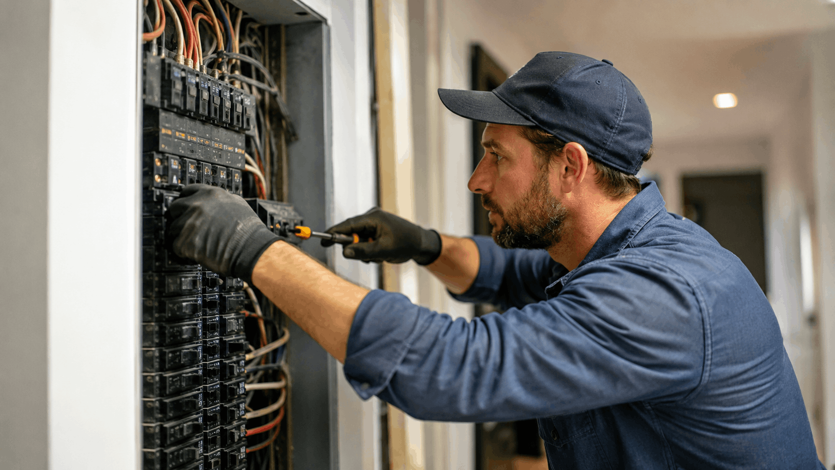 Licensed electrician in blue shirt and gloves working on residential electrical panel