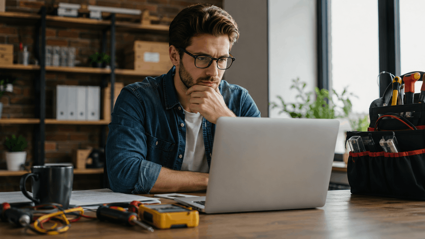 Focused technician with glasses reviewing website technical SEO issues on laptop with tools nearby