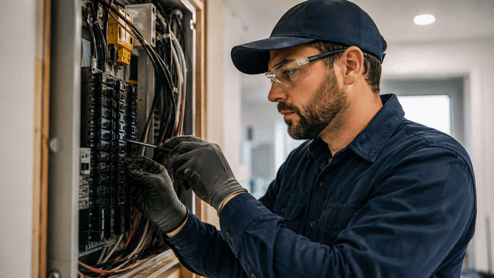 Licensed electrician wearing safety glasses and gloves working on residential electrical panel