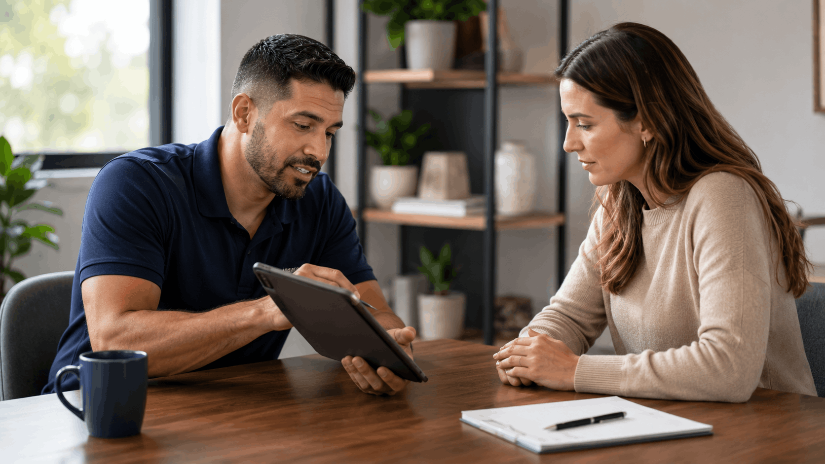 Local business consultant showing website proposal on tablet to female client at desk