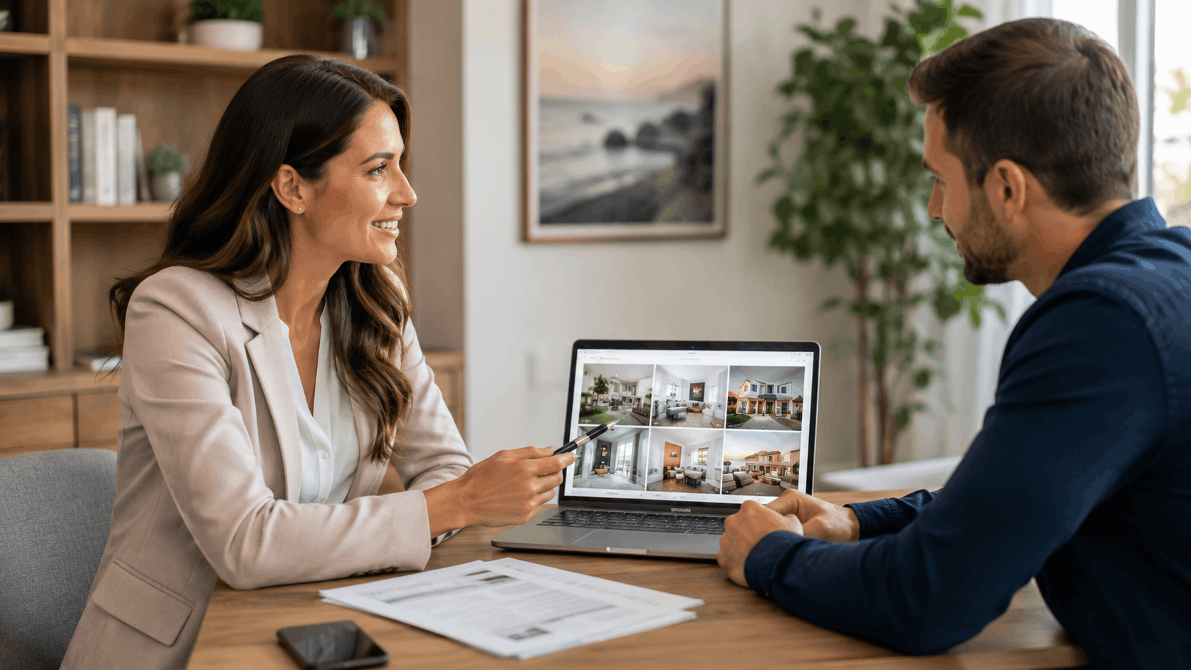 Real estate agent showing home listings on laptop to potential client