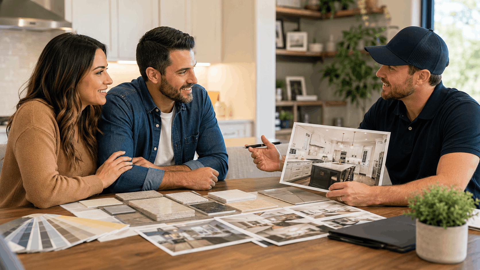 Contractor showing kitchen renovation photos and material samples to smiling homeowners
