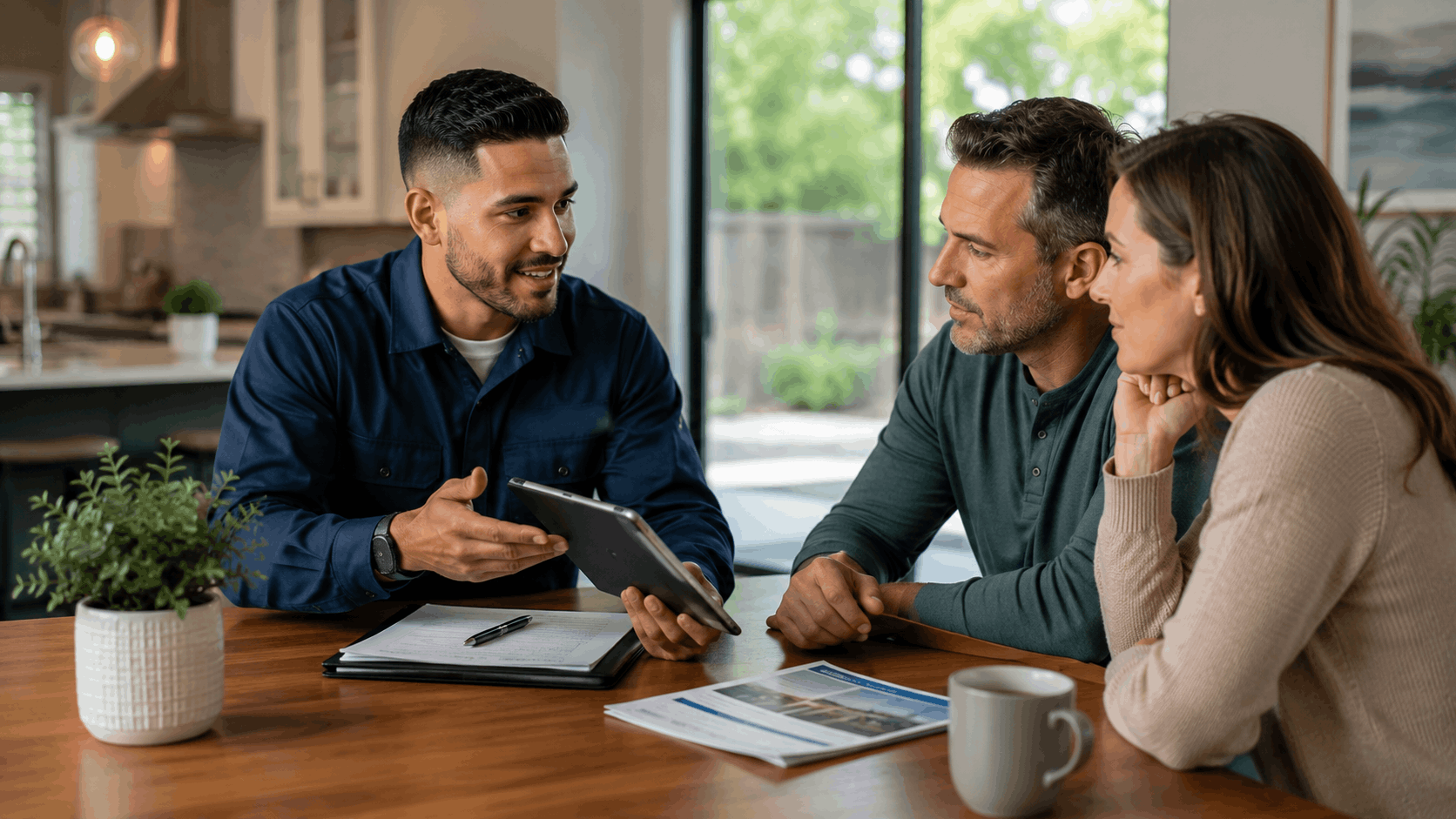 Home services contractor presenting tablet proposal to couple at kitchen table