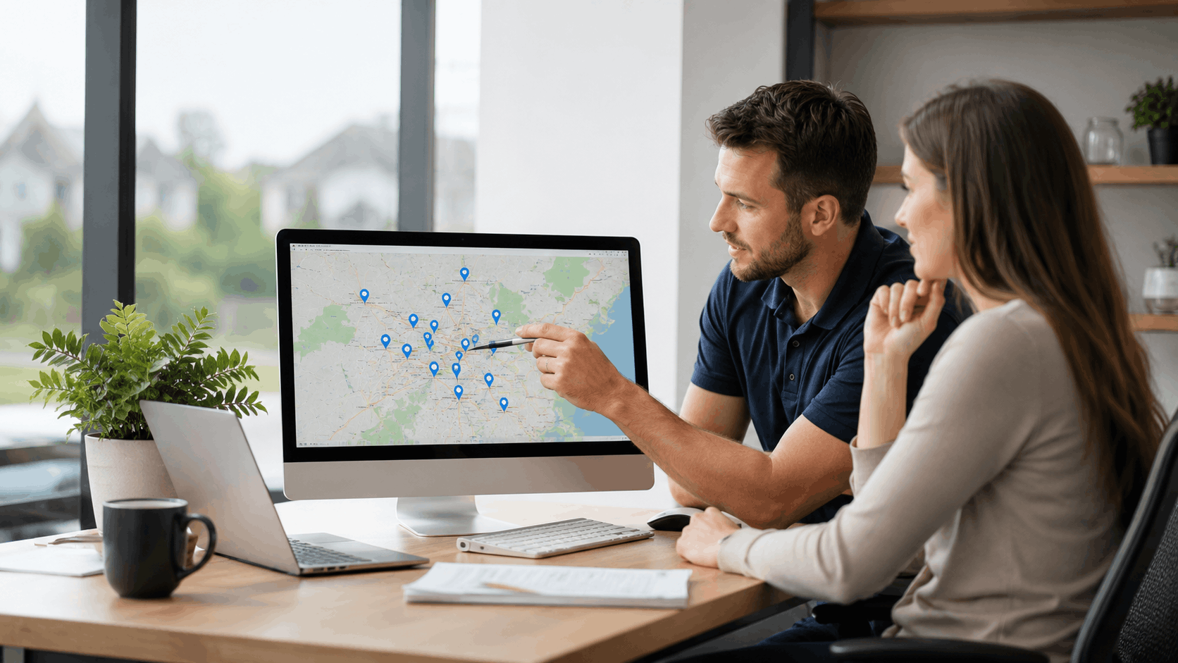 Couple reviewing property locations on map with blue pins on desktop monitor
