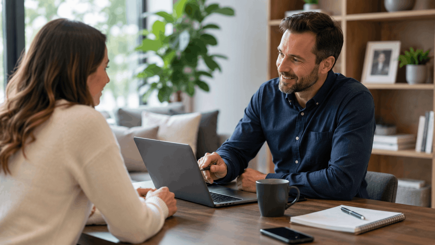 Consultant showing template website options to client on laptop at desk