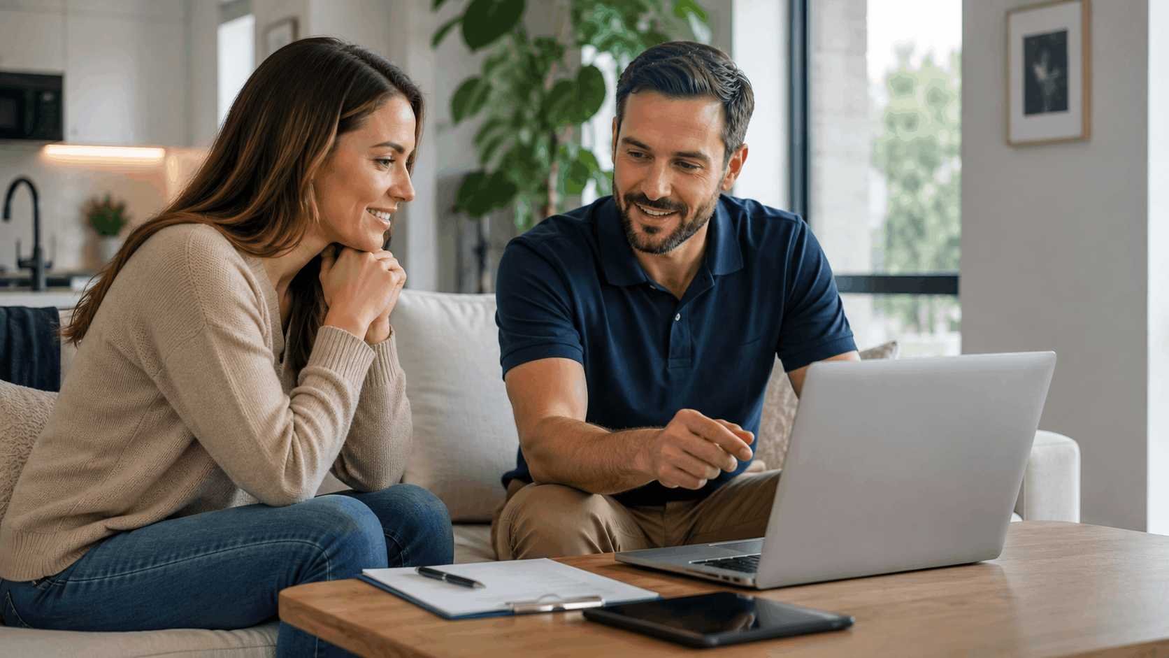 Couple reviewing website performance issues on laptop at home coffee table