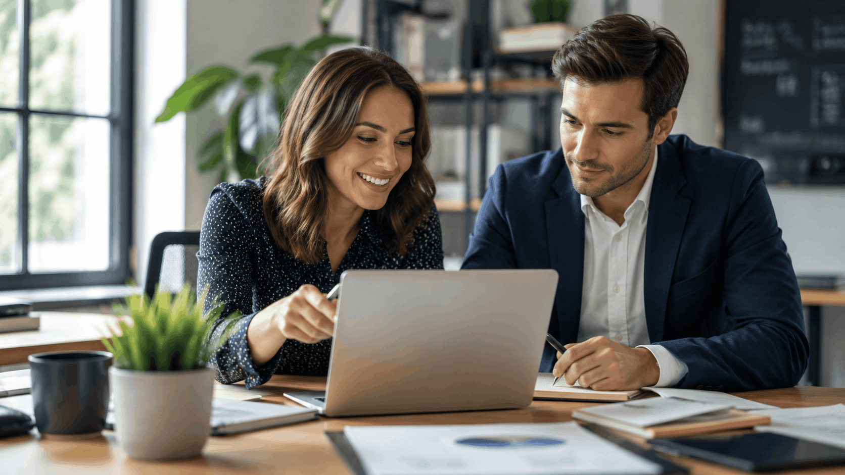 Two business professionals reviewing Google Business Profile data on laptop in office