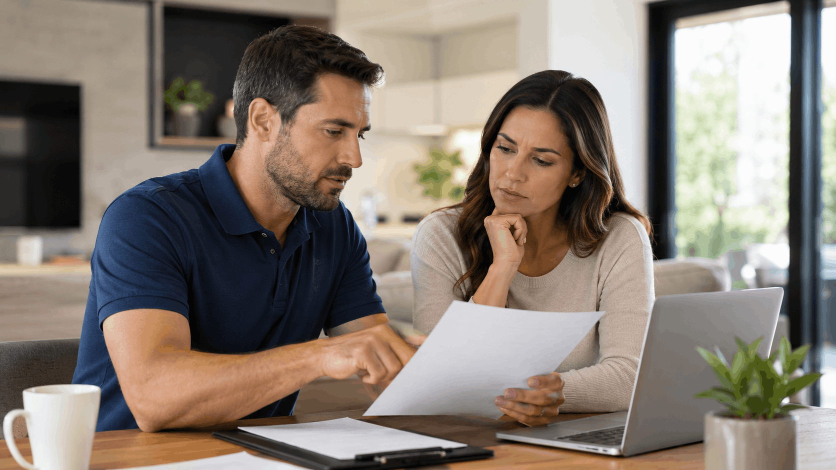 Couple reviewing San Diego municipal code documents together at home with laptop
