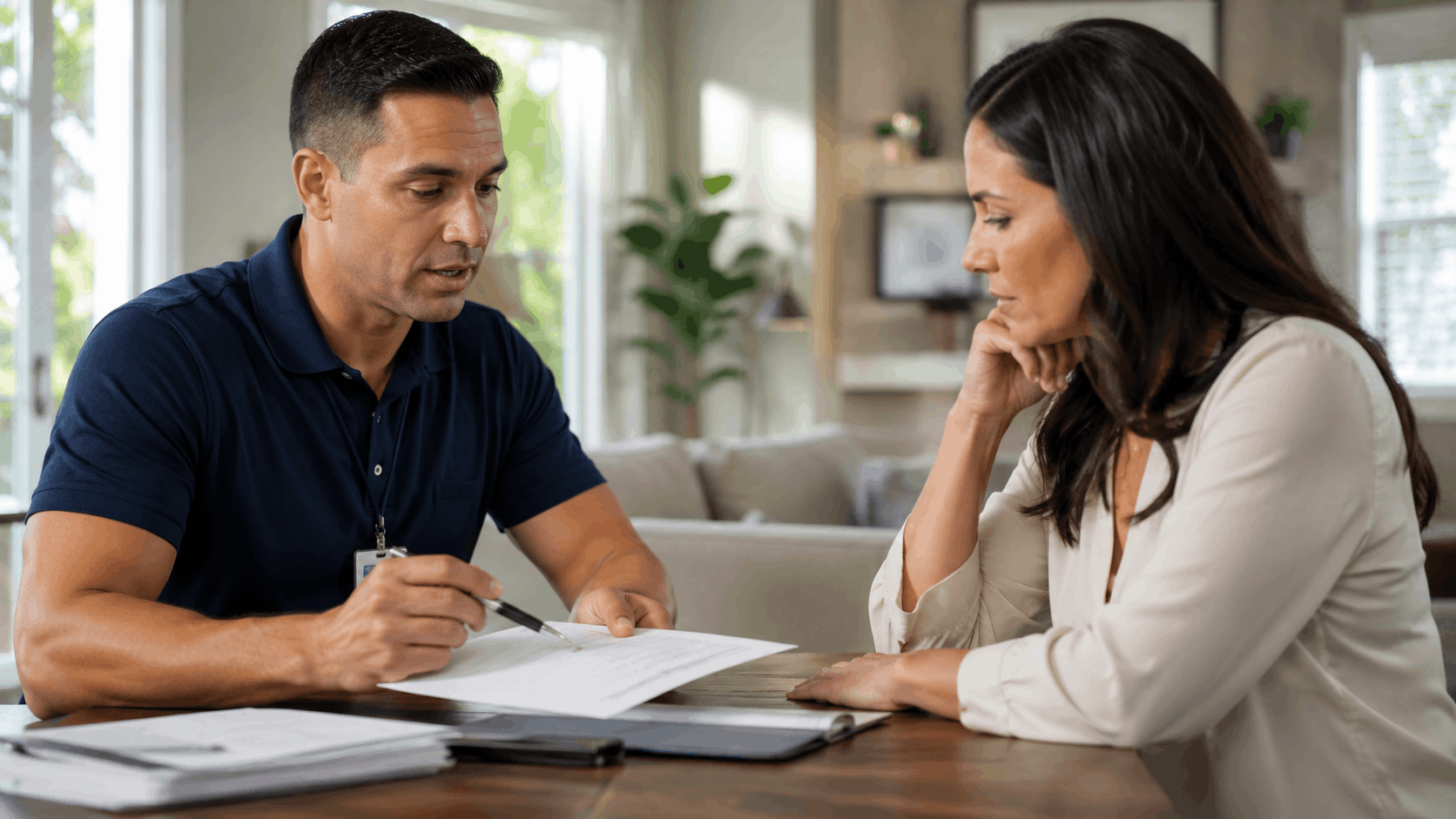 Smart Shield Systems representative reviewing home security contract with San Diego homeowner
