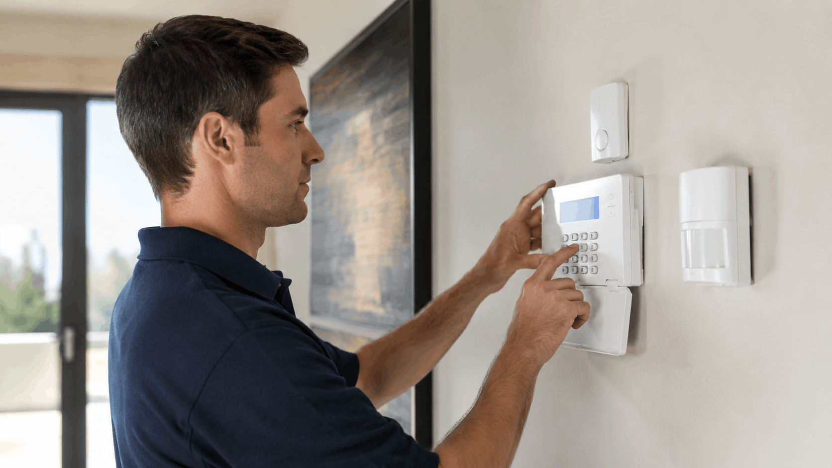 Technician programming home security alarm keypad panel on white wall