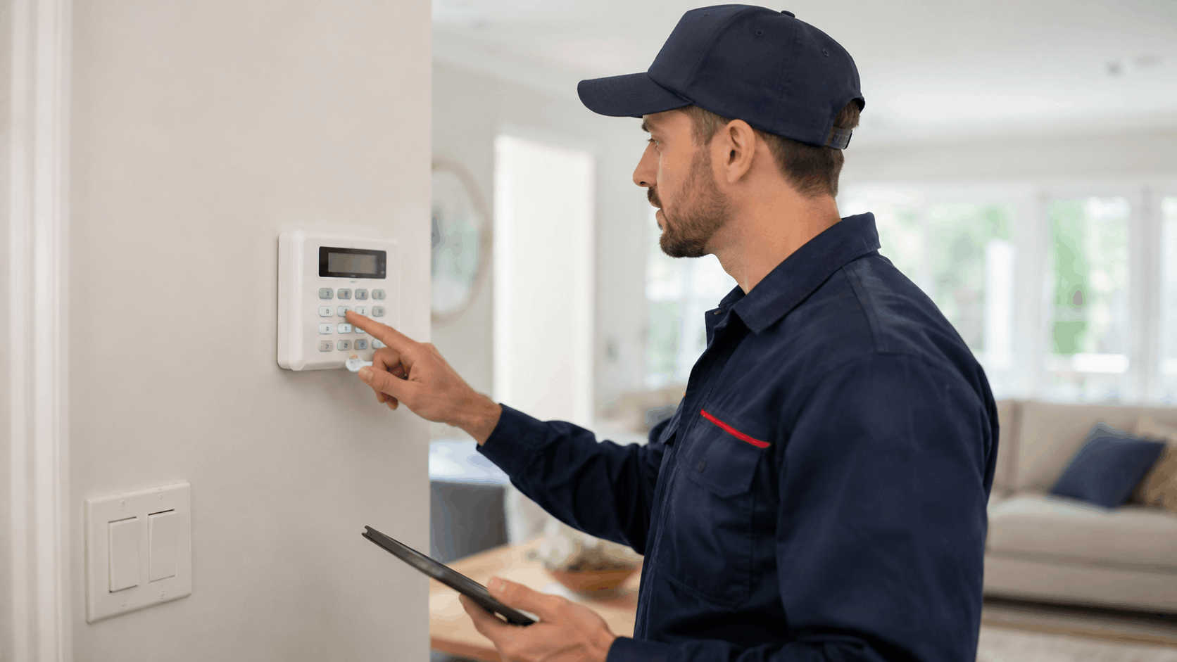 Security technician in uniform programming home alarm system keypad with tablet
