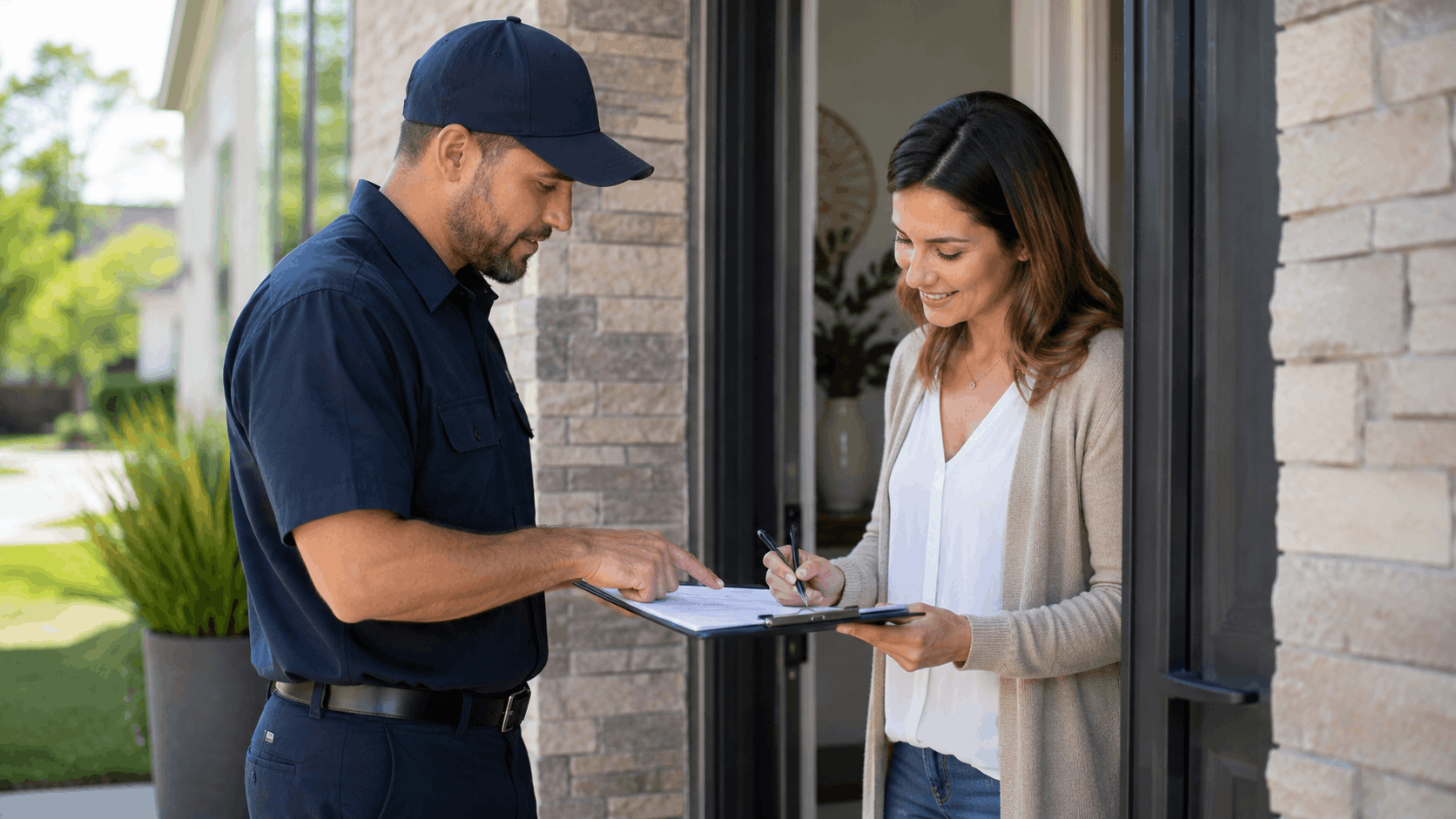 Homeowner signing alarm permit paperwork with uniformed service technician at front door
