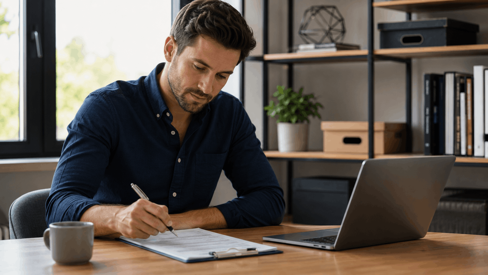 Man filling out BLPD Form 1067 on clipboard at desk with laptop