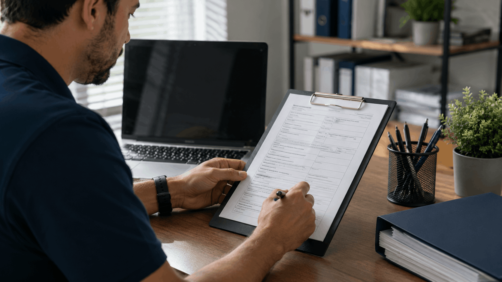 Man reviewing alarm permit paperwork on clipboard at office desk with laptop
