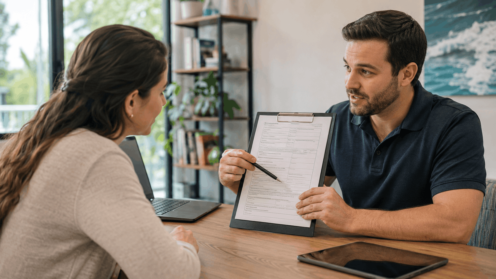Smart Shield Systems consultant explaining permit documents to San Diego homeowner at desk
