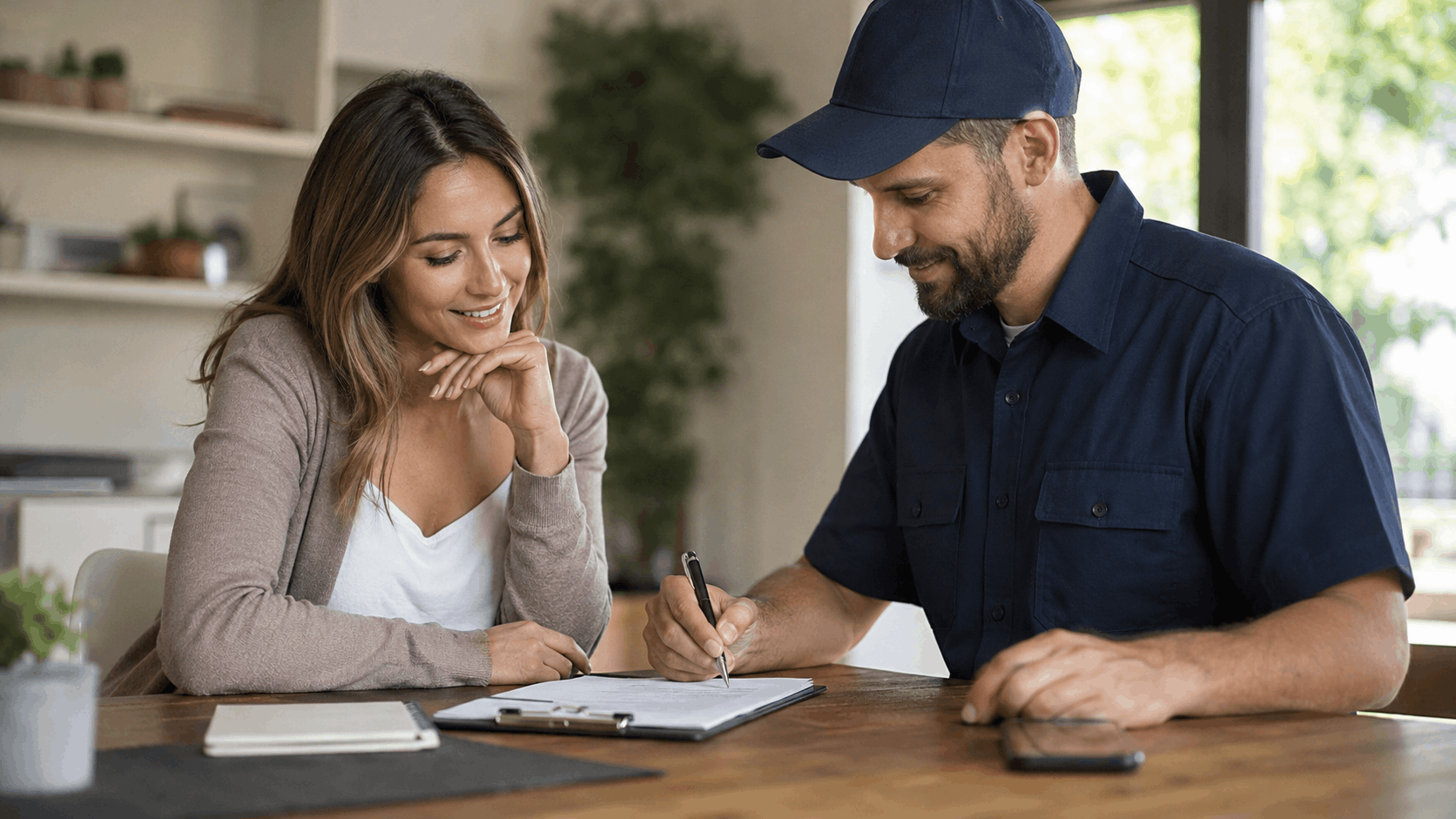 Friendly technician signing service agreement with smiling homeowner at kitchen table