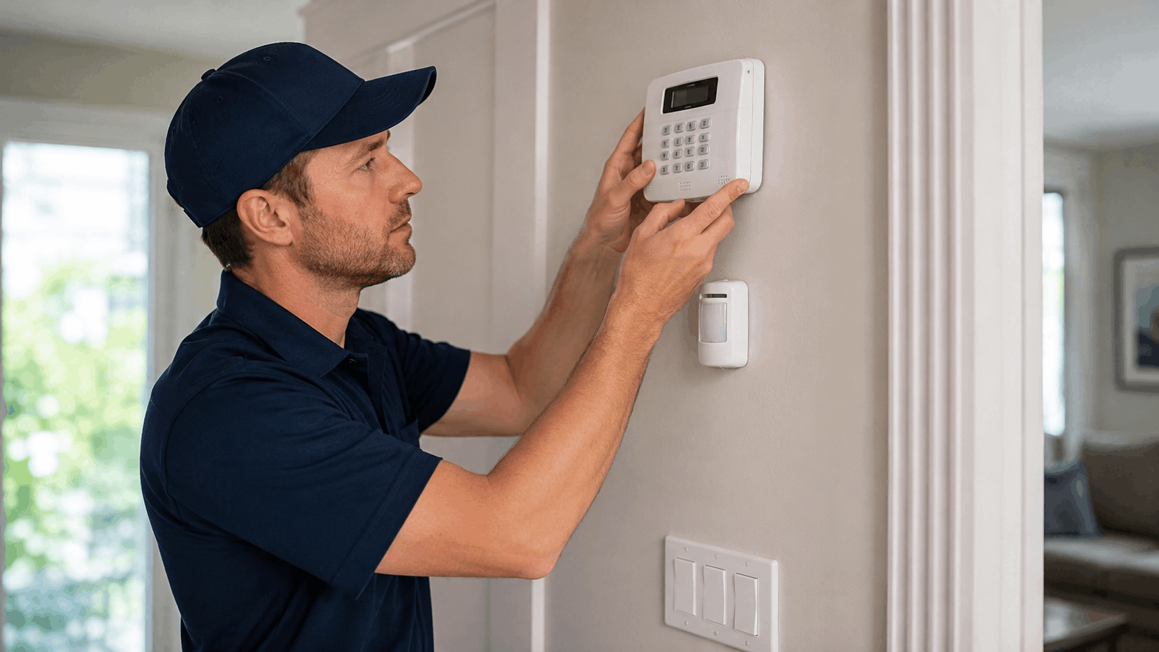Security technician installing and programming a home alarm keypad and motion sensor