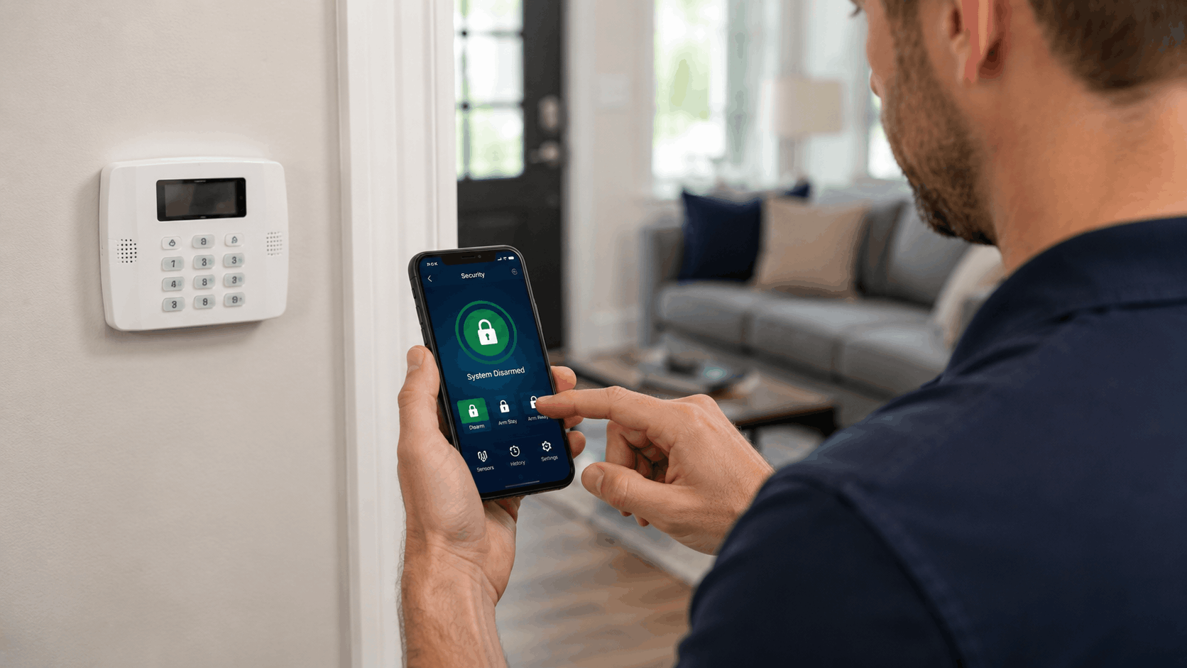 Man using smartphone security app to arm home alarm system with keypad panel