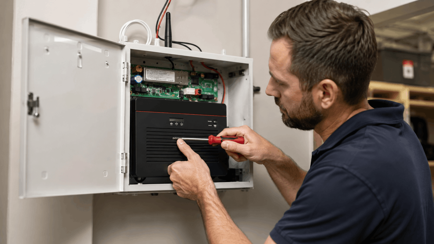 Technician installing commercial security alarm panel with screwdriver in San Diego business