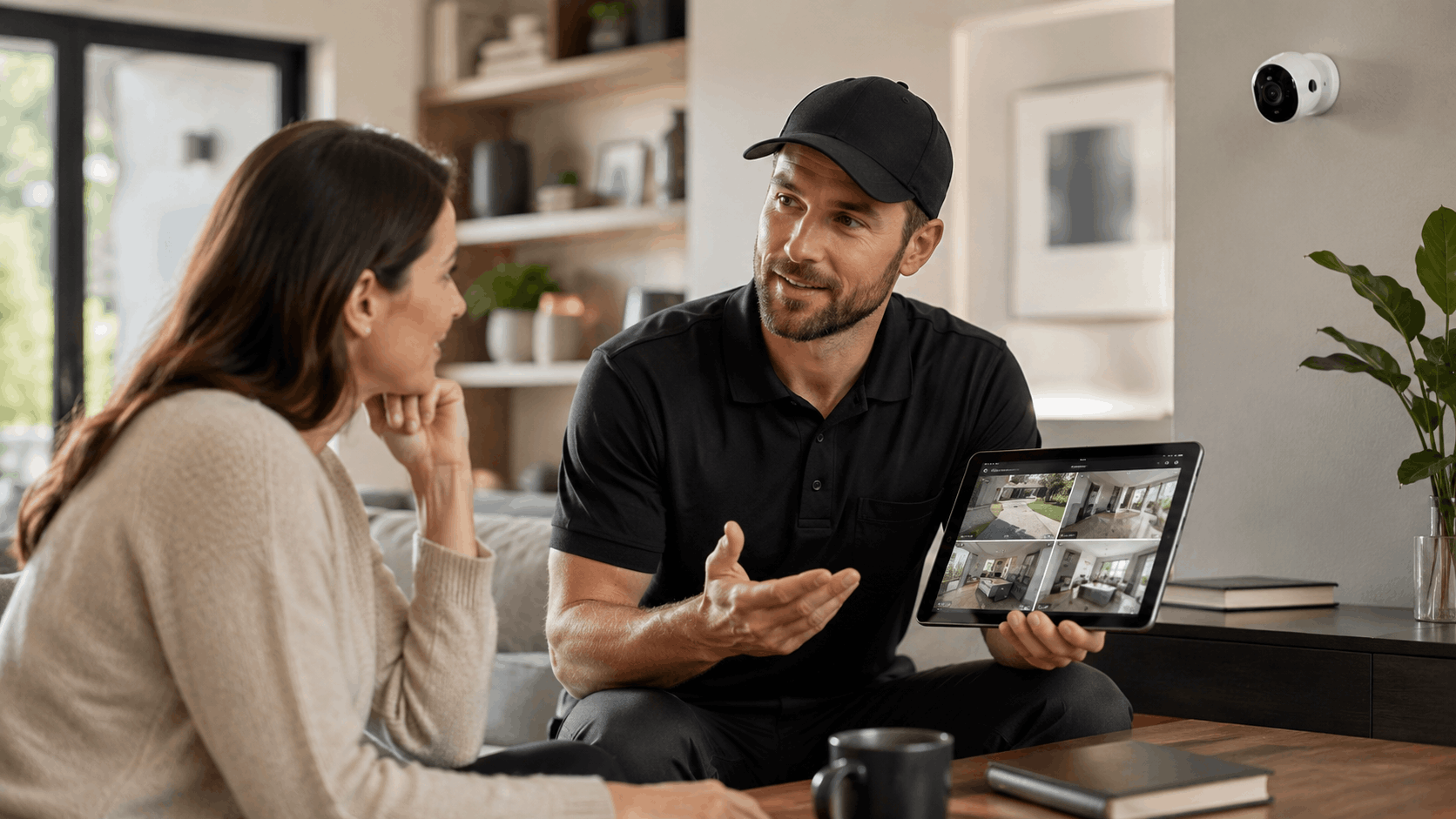 Smart Shield Systems technician showing home security camera footage on tablet to San Diego homeowner