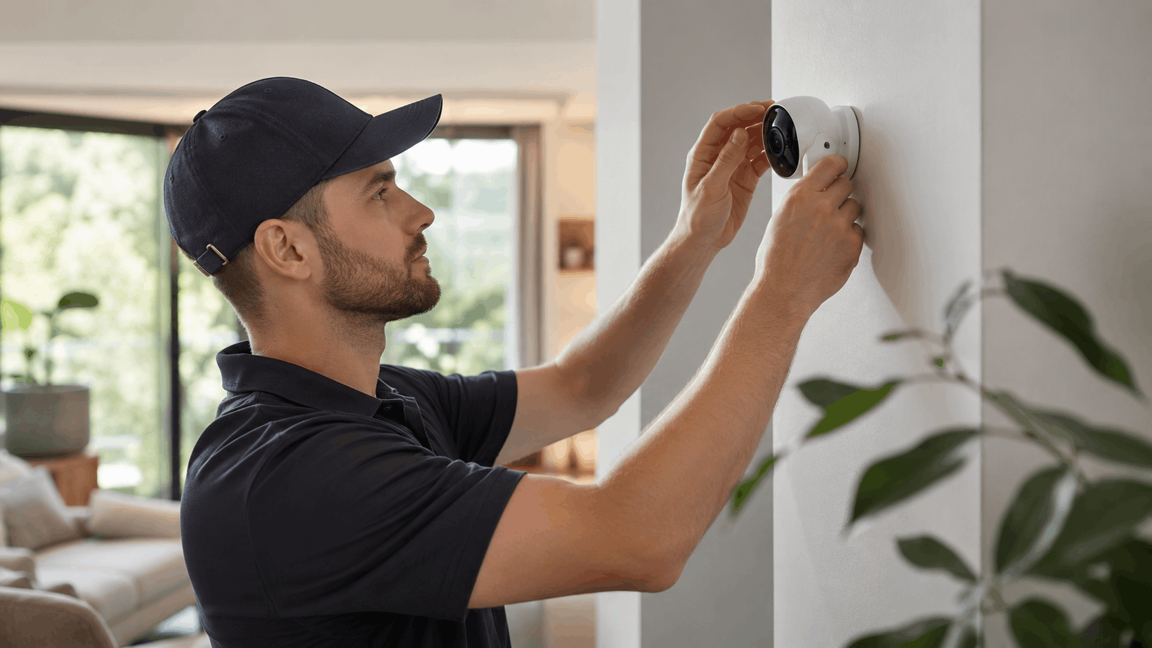 Professional technician installing a white smart home security camera on interior wall