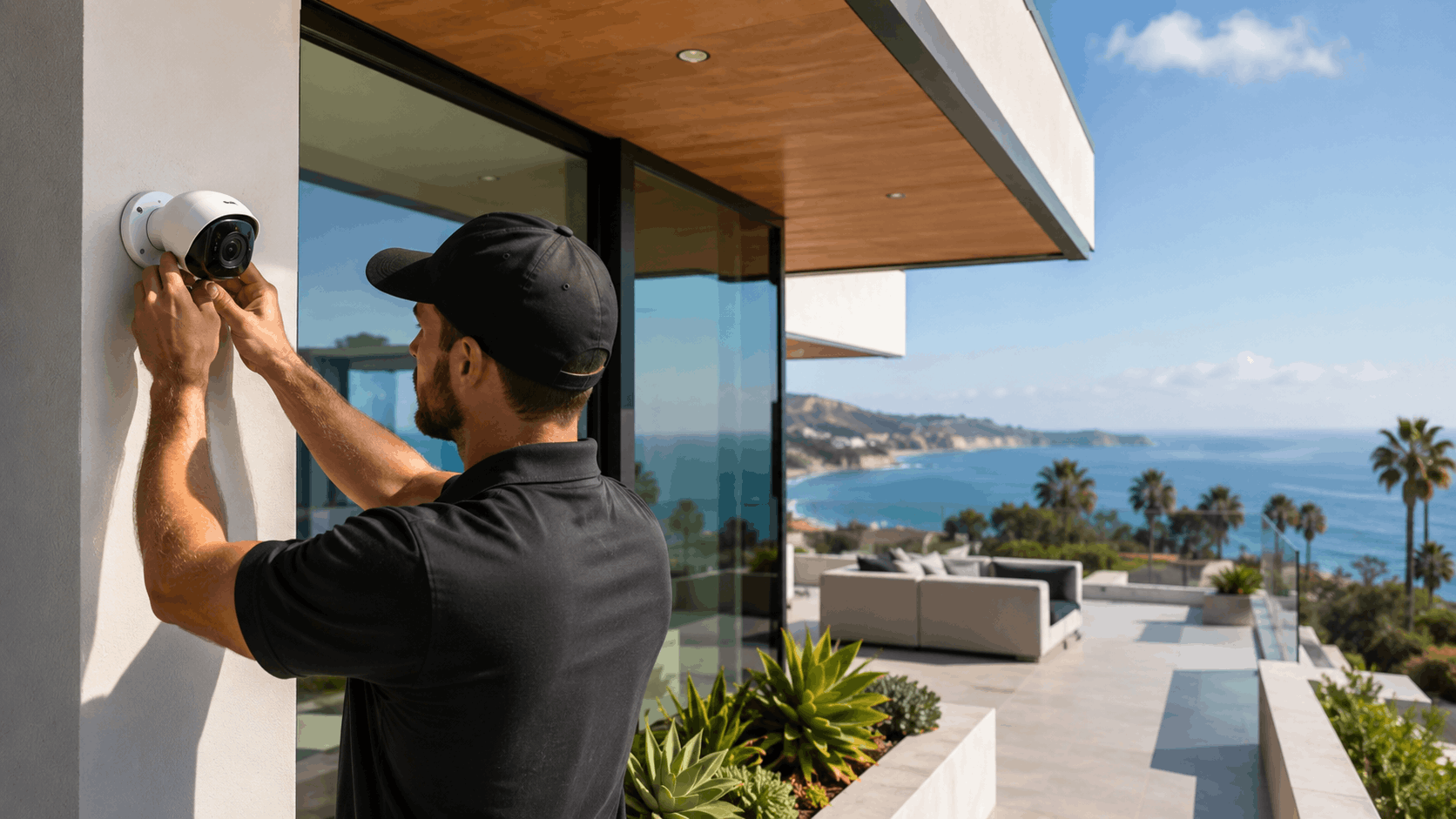 Security technician installing outdoor surveillance camera on luxury La Jolla estate overlooking ocean