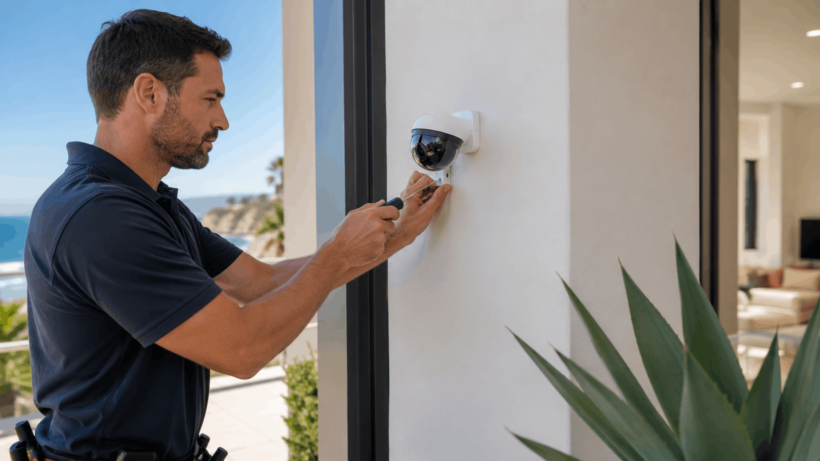 Security technician installing dome surveillance camera on exterior wall of San Diego home