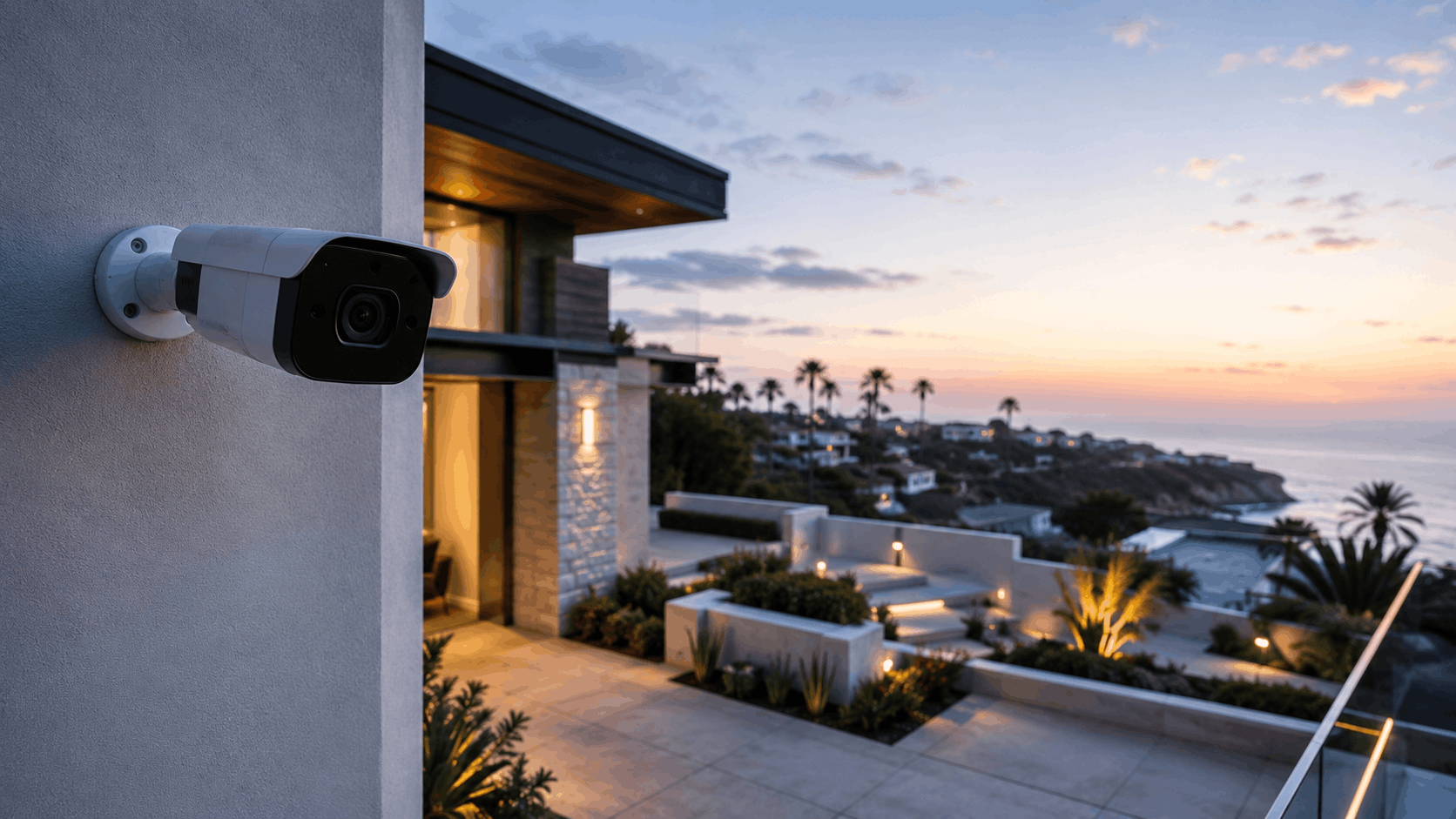 Bullet security camera mounted on luxury San Diego coastal estate at sunset