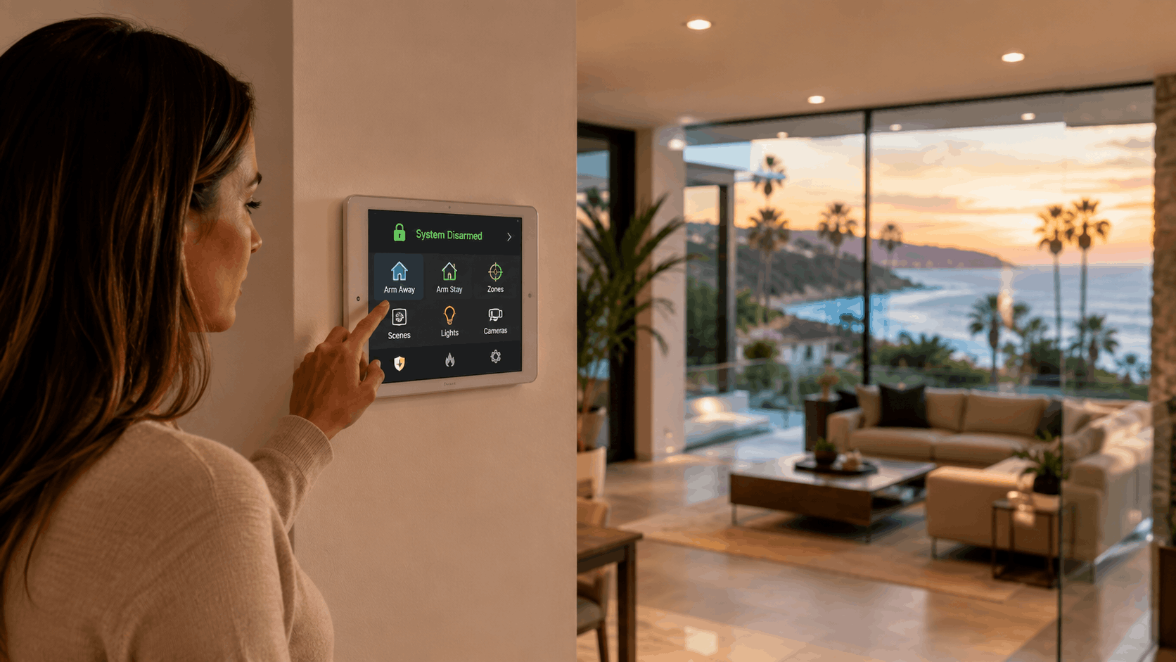 Woman using Smart Shield Systems touchscreen security panel in La Jolla luxury home overlooking ocean