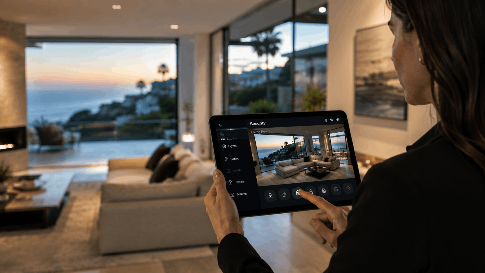 Woman using tablet to control Smart Shield home security system in luxury San Diego home