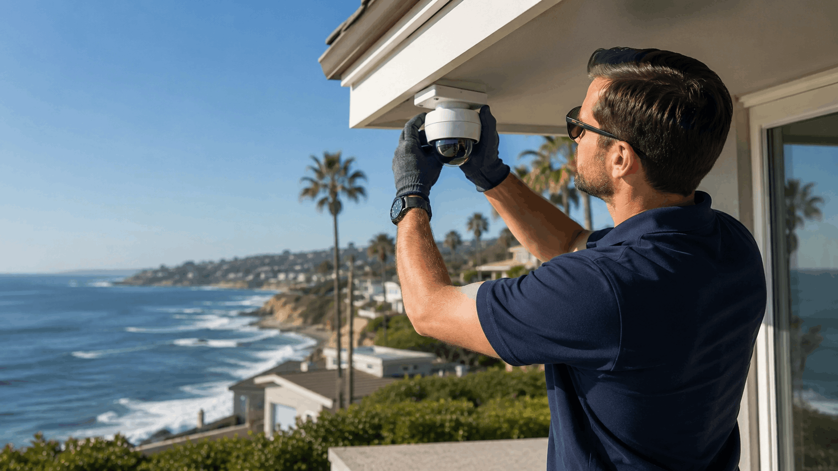 Security technician installing dome surveillance camera on La Jolla coastal home exterior