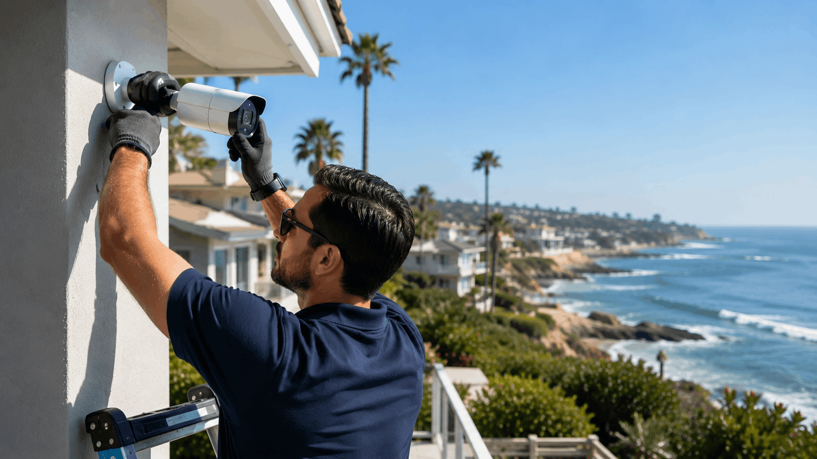 Technician installing outdoor security camera on coastal San Diego home exterior wall
