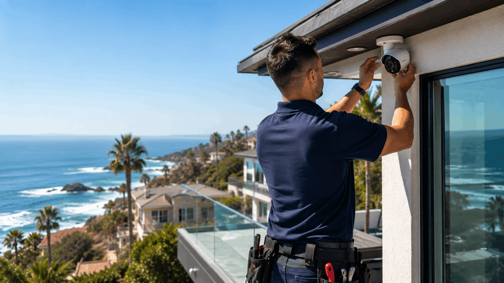 Security camera technician installing surveillance camera on luxury La Jolla coastal home