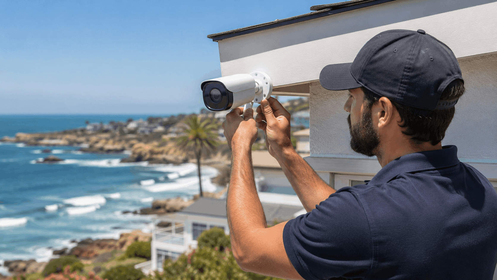 Security technician installing outdoor surveillance camera on coastal San Diego home exterior