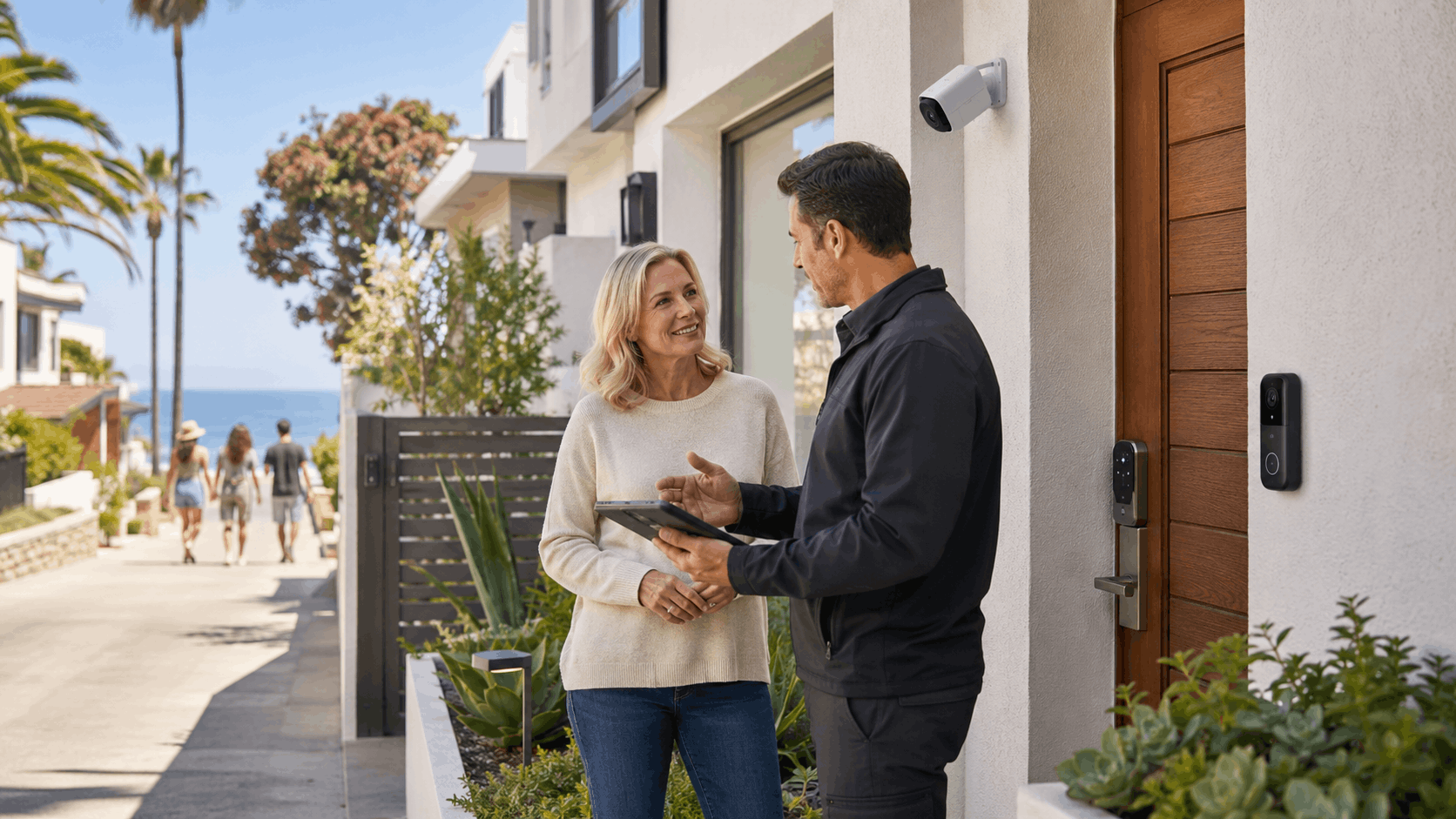 Homeowner and security consultant reviewing smart home system outside La Jolla beachfront property