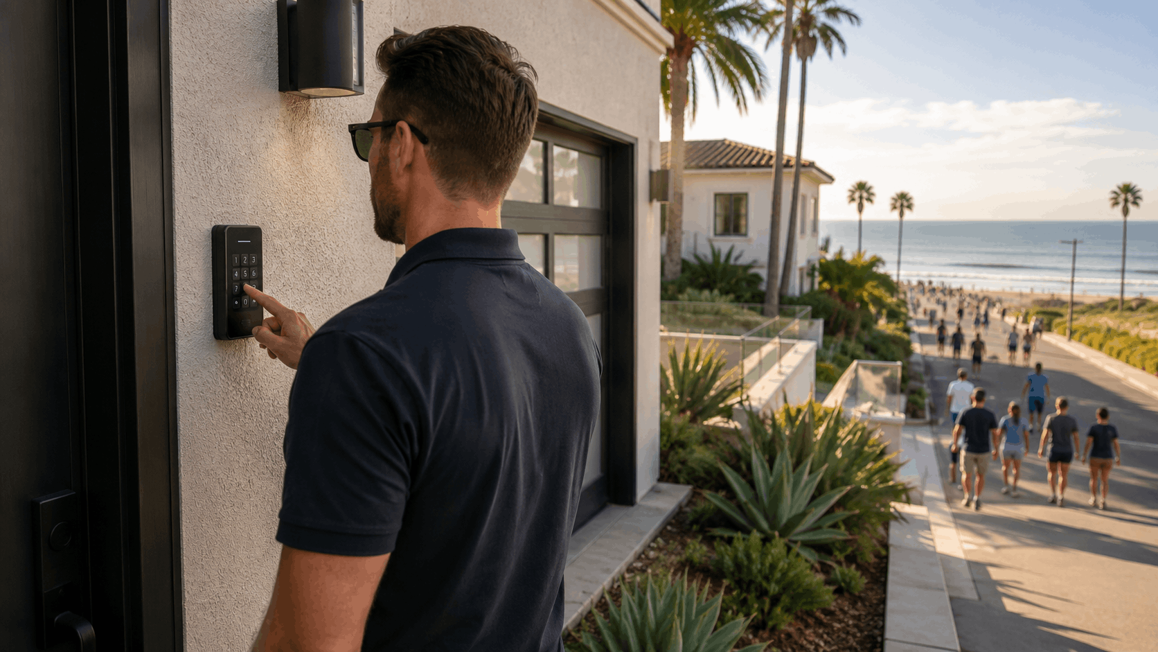 Man entering keypad code on exterior security panel at San Diego beachfront home