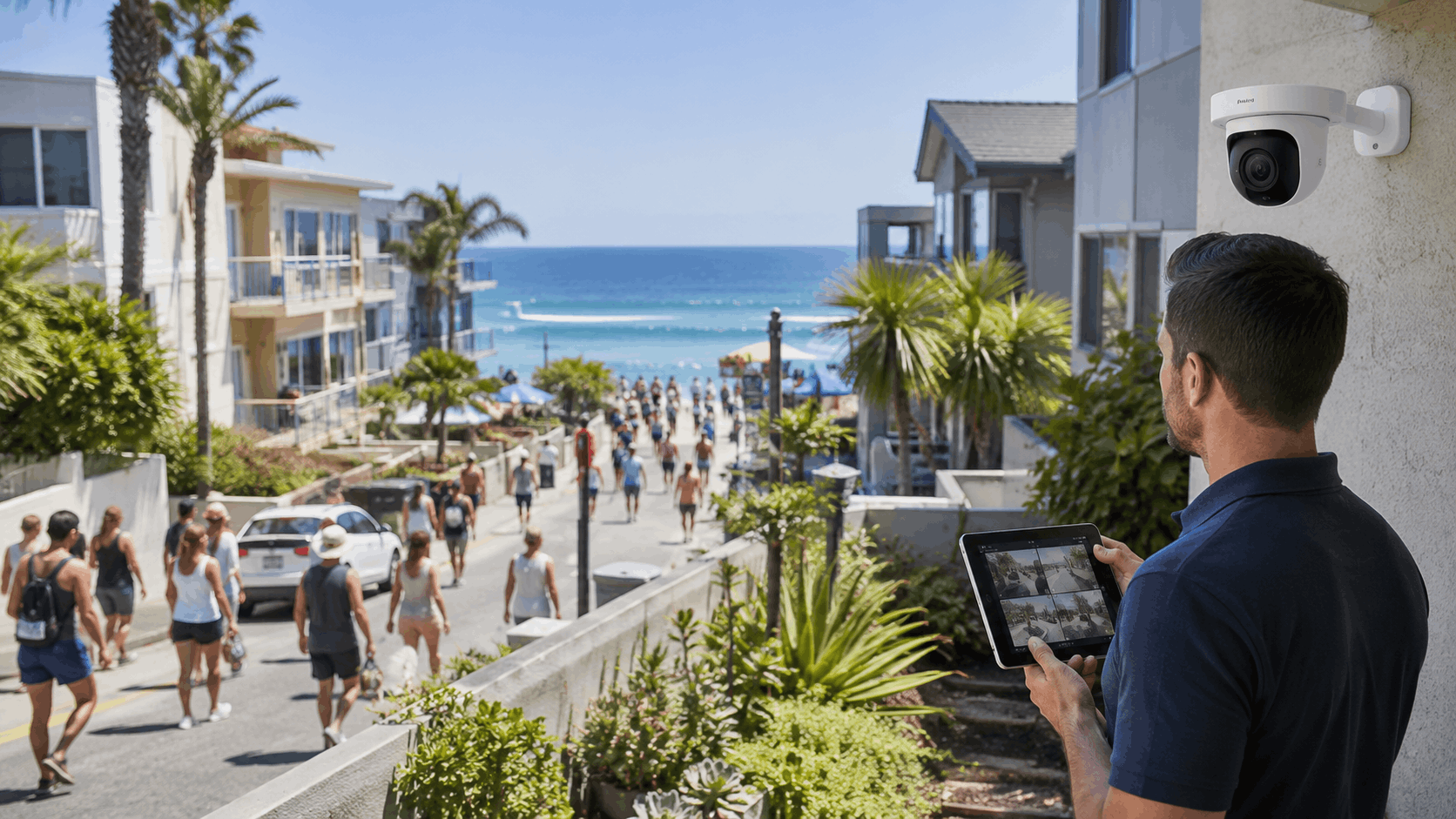 Man monitors outdoor security camera feed on tablet at busy San Diego beachfront property