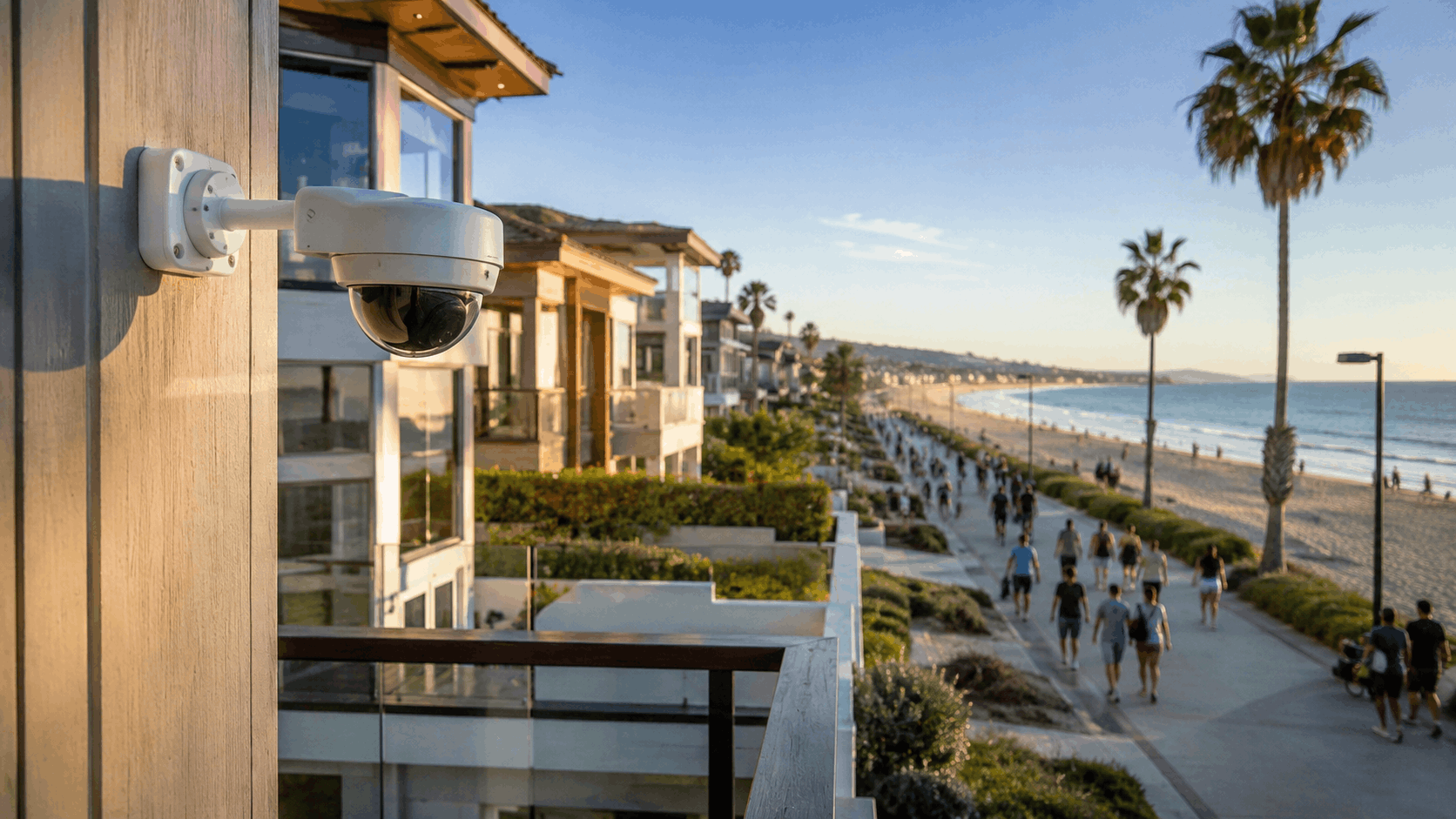 Dome security camera mounted on beachfront building overlooking La Jolla Shores boardwalk San Diego