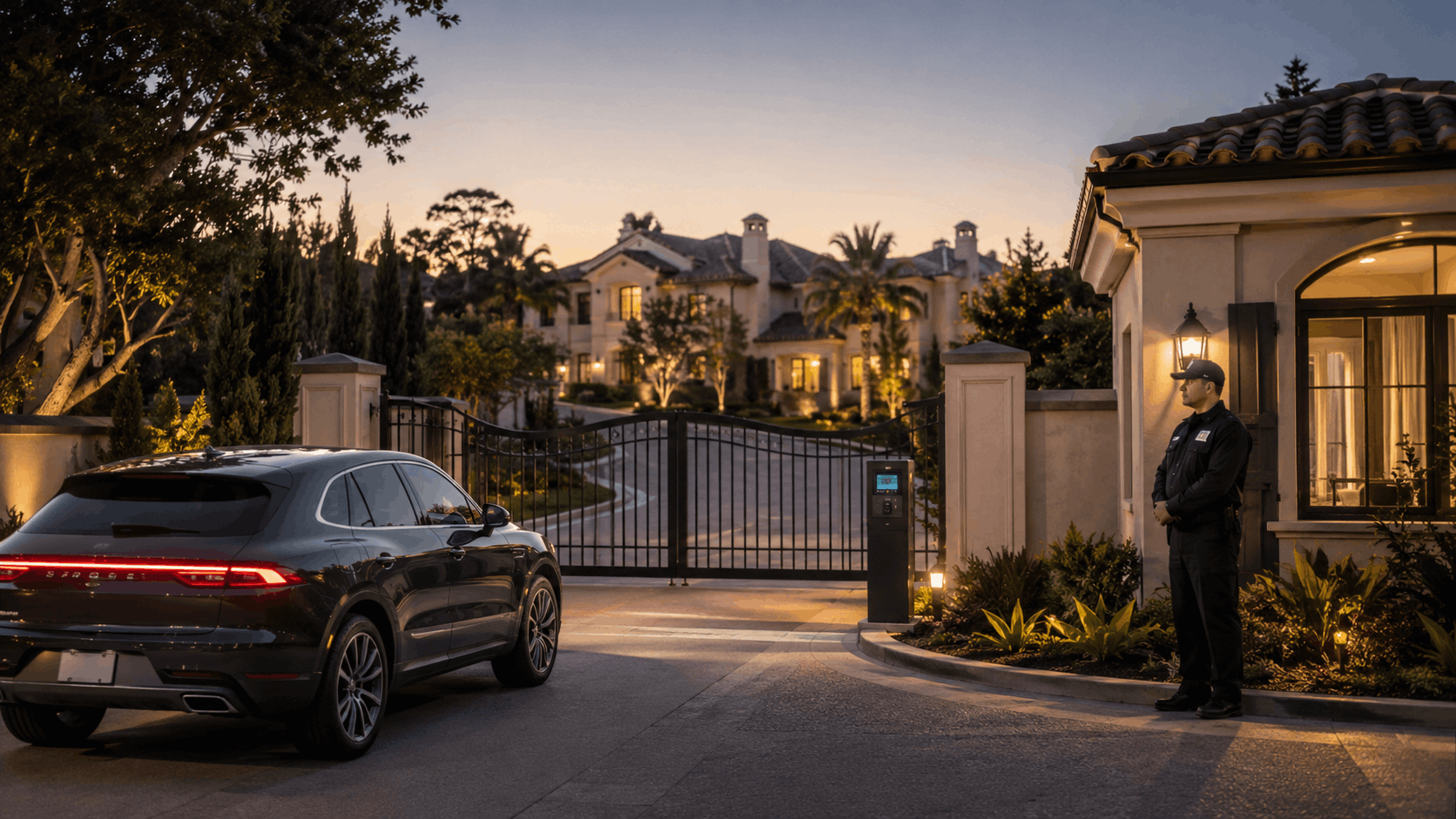 Security guard monitoring gated entrance of luxury Hidden Valley Estates mansion at dusk